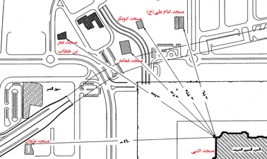 تُظهر الصورة أعلاه المسافة بين مساجد المصلى وإحدى زوايا المبنى الحالي للمسجد النبوي.