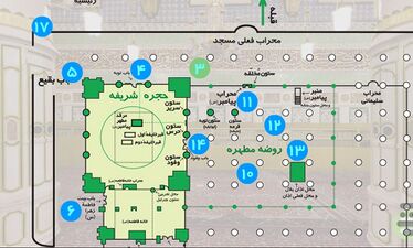 موقع المنبر النبوي في خارطة المسجد النبوي.